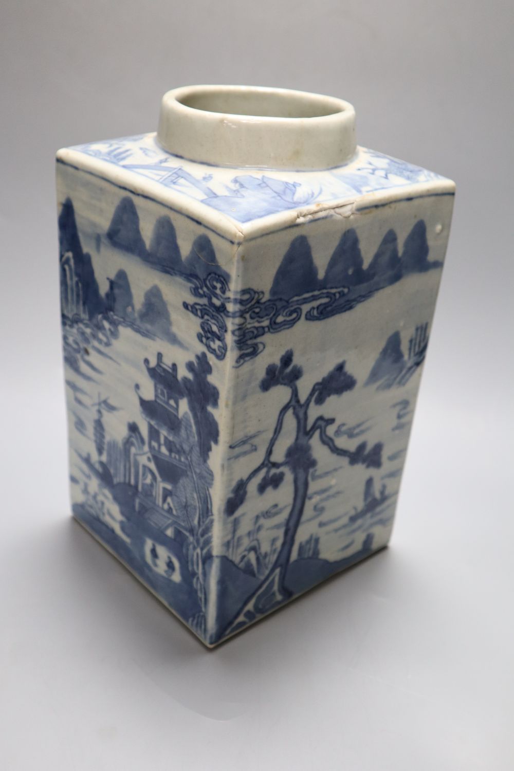 A 19th century Chinese blue and white oblong tea canister, painted in underglaze blue, 28cm